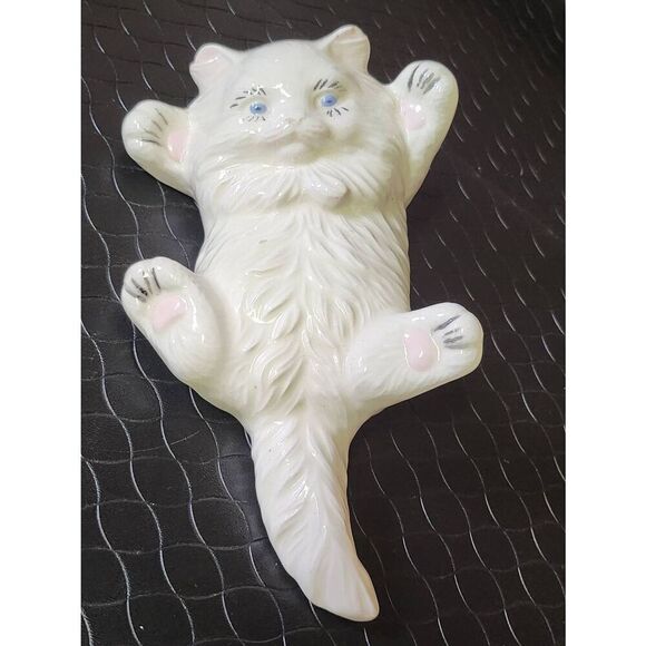 Vintage White Fluffy Ceramic Cat Figurine Laying Down with Belly Up - Picture 2 of 10